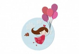 a cartoon illustration of a young girl with brown hair and a red dress flying in the sky with pink and red balloons. she is smiling happily. there are white clouds in the blue sky. a small bird is flying beside her.