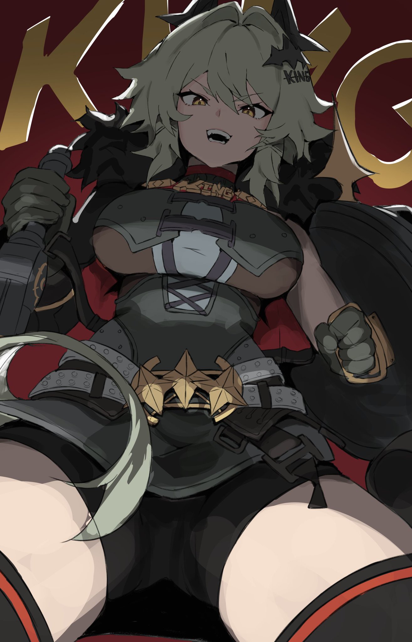 this is an illustration of an anime character. she is a young woman with long green hair and dark eyes. she is wearing a black and red armor, including a belt with golden spikes, and a cape. she also has a sword and shield. she appears to be in a fantasy setting.