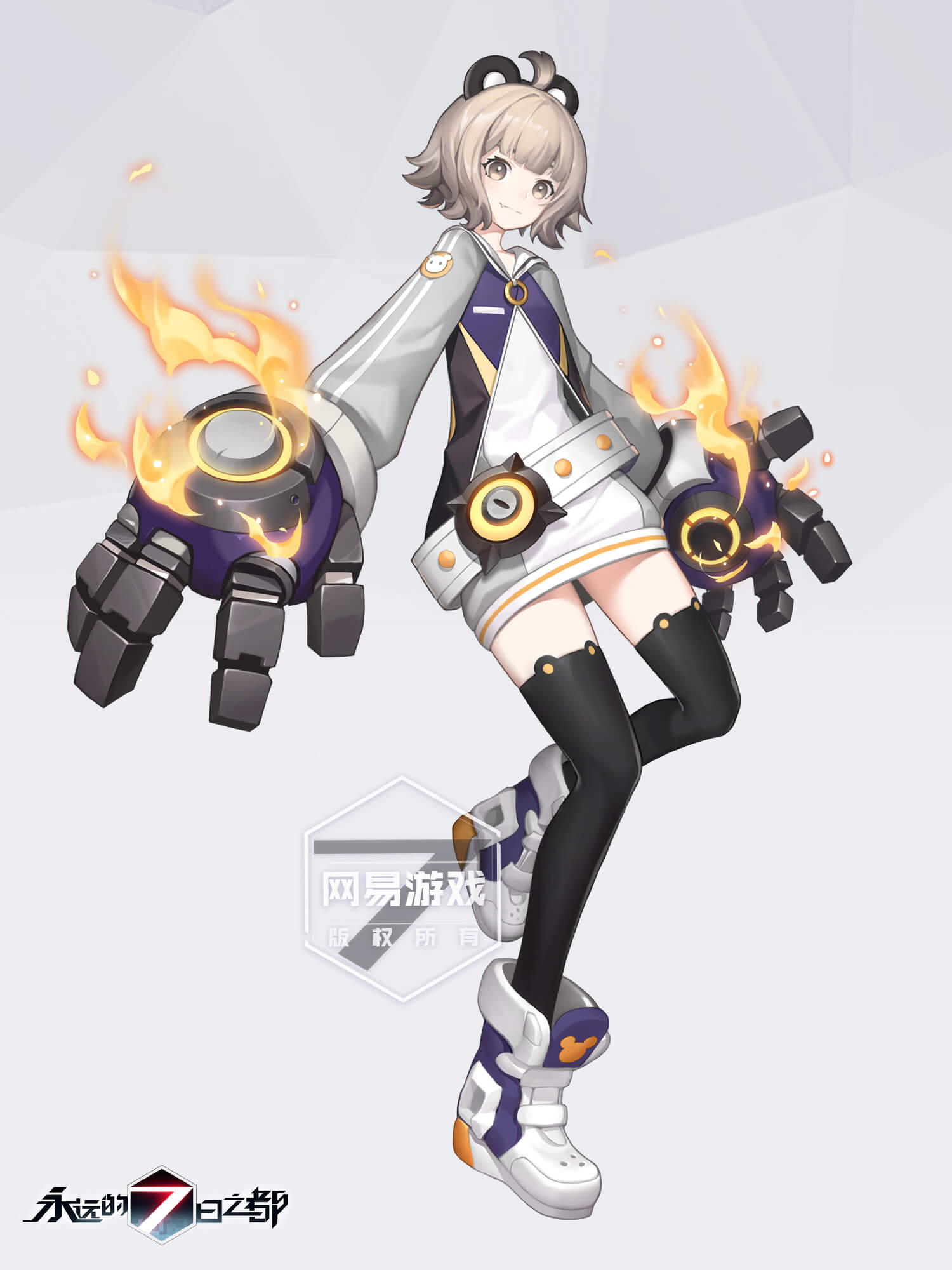 an anime girl in a dynamic pose. she is wearing a white, grey, and yellow outfit. she has short white hair, black thigh highs, and white shoes with yellow accents. she is wearing large black, grey, and yellow mechanical gloves with glowing yellow parts that appear to be emanating fire. the background is a light grey.  there is some japanese text on the bottom left of the image, and some partially obscured chinese text to the right of the girl.  this image has the aesthetic of a promotional image, possibly for a mobile game.