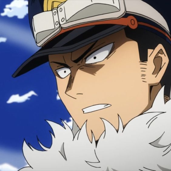 the image shows a closeup illustration of a young man with short black hair and brown eyes. he has a determined expression on his face. he's wearing a dark blue militarystyle hat with a brown leather strap and goggles on top. he's also wearing a white fluffy collar. the background is a bright blue sky with some white clouds.