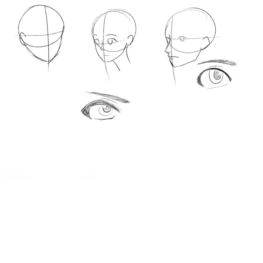 the image is a pencil sketch showing a stepbystep guide to drawing an animestyle head and eye. it starts with basic shapes and construction lines for the head in frontal and profile views, then adds more detail to create a complete face and eye.  the sketches are light and preliminary, characteristic of a workinprogress. the style is distinctly anime/manga, with large eyes and simplified features.