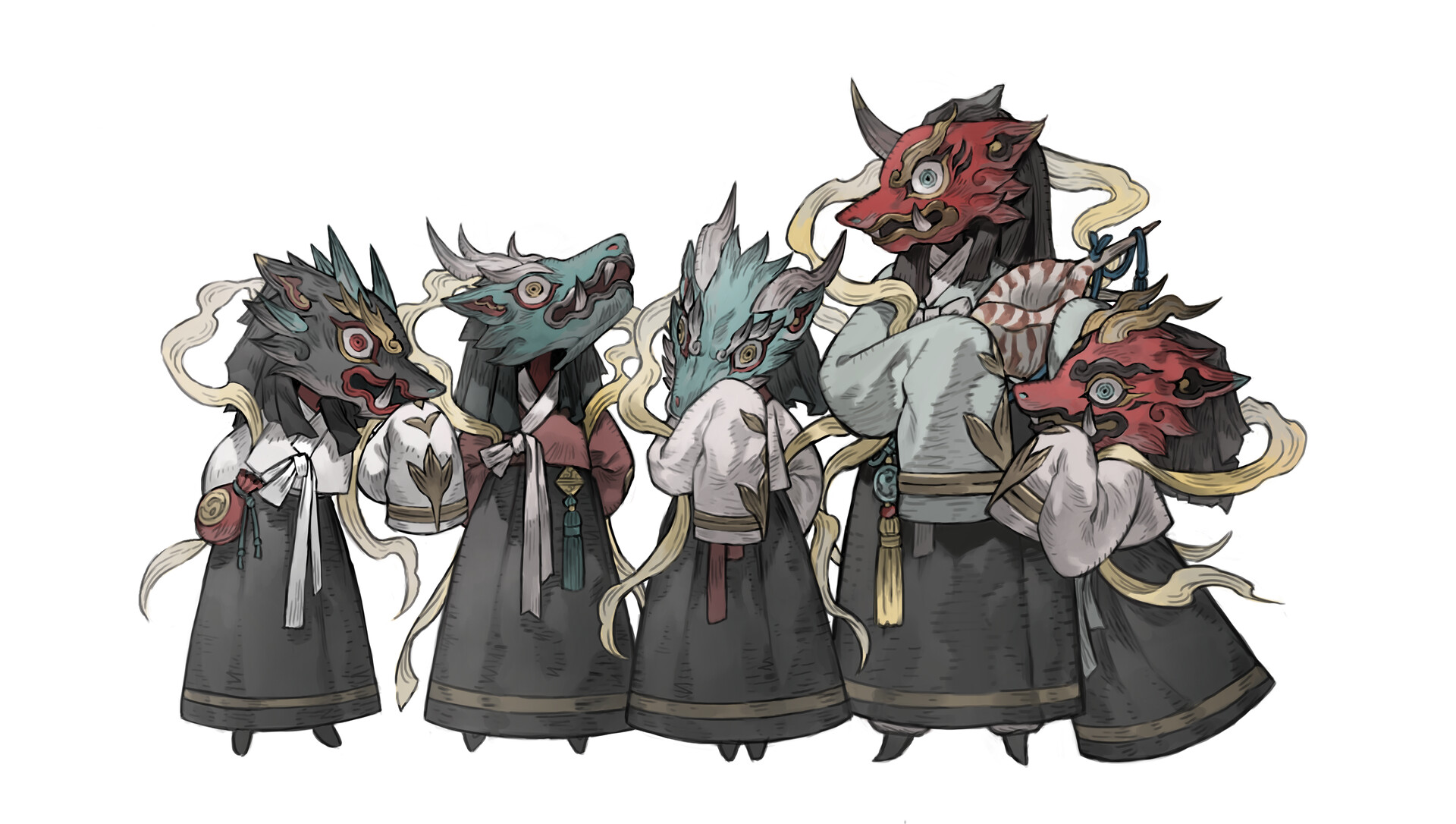 five figures stand shouldertoshoulder against a white background.  they are clothed in elaborate, draping robes in dark, desaturated blue, teal, and red.  each figure wears an ornate mask in the likeness of a stylized dragon's head.  they all wear similar expressions; the masks obscure any other identifying features.  their clothing is reminiscent of traditional korean hanbok.
