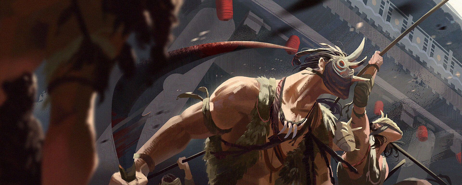 a warrior with a mask and horns on their head, stands on a balcony, wielding a weapon. they are in a stance of attack, with a look of fierce determination on their face. the warrior is surrounded by other warriors, and the scene is full of action and danger. the artwork is done in a dark and mysterious style, evoking a sense of power and aggression.  the backdrop of the image is a stone structure with a balcony where the warrior is standing.  the warrior appears to be charging into the action, as the dark background suggests a battle is occurring.