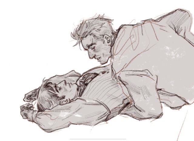 a sketch depicts one man lying down while another man is looking at him. the man on the bottom is lying on his back and is wearing a buttondown shirt. the man on top is partially on top of the other man and is also wearing a buttondown shirt and is looking down at the other man.