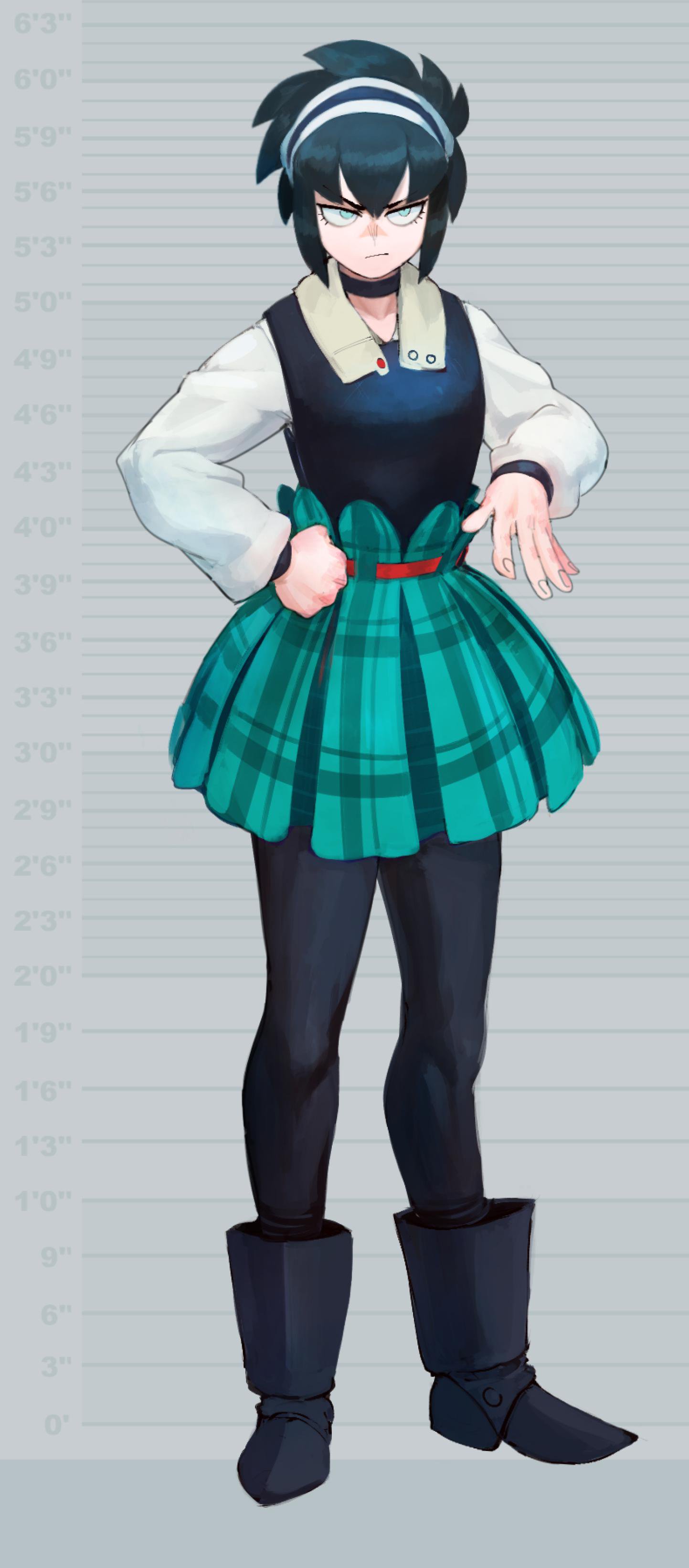 this illustration shows a young girl in an anime style. she has long black hair, blue eyes, and is wearing a black dress with a plaid skirt, black tights, and