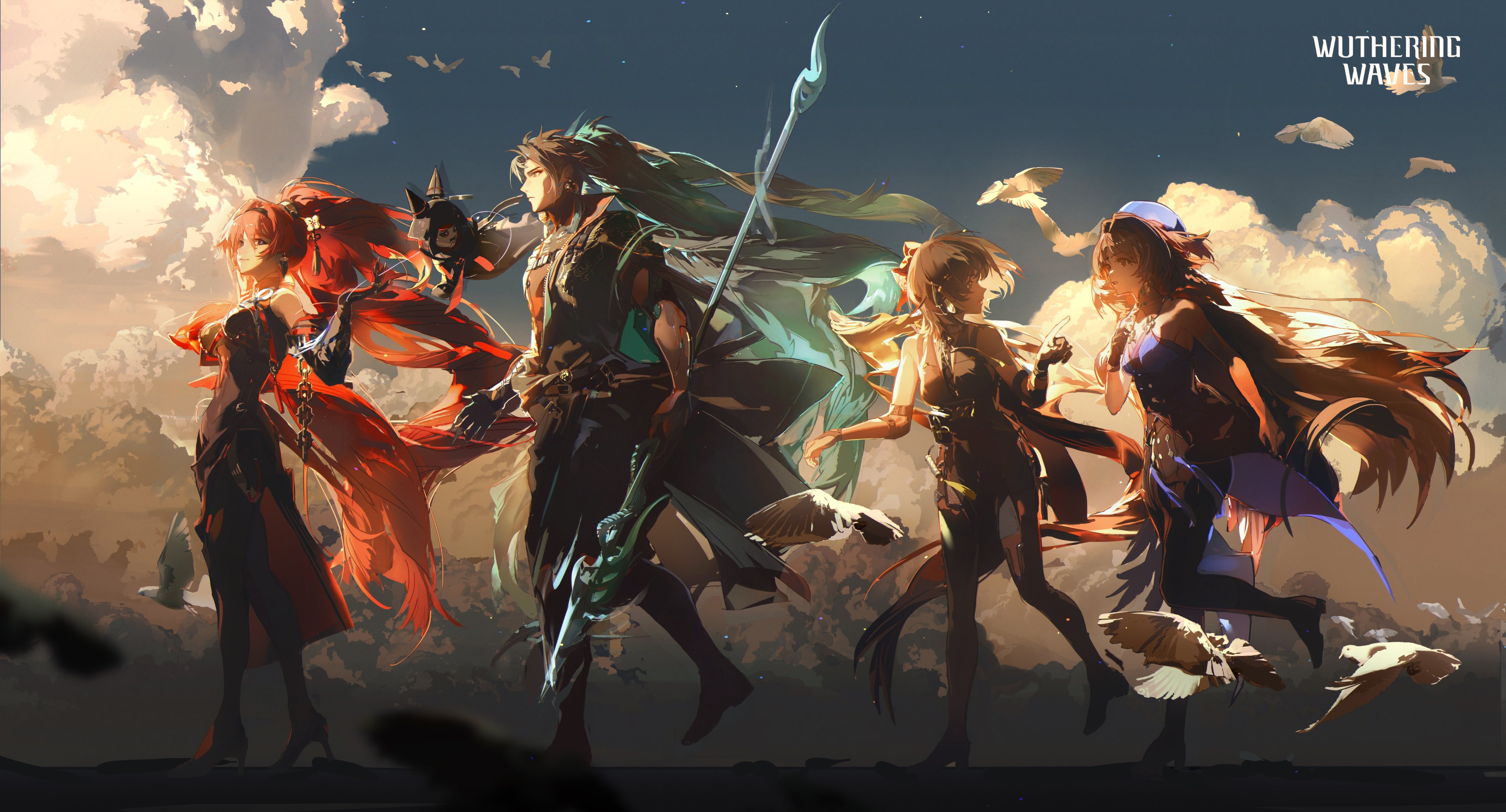 the image showcases five characters from the game genshin impact, specifically from the region of sumeru and related to the "withering walls" content. they are depicted in midstride, bathed in a dramatic sunset with vibrant orange and red hues. the background features a cloudy sky with silhouettes of birds flying. the overall composition is dynamic and actionoriented, hinting at the characters' adventurous nature.