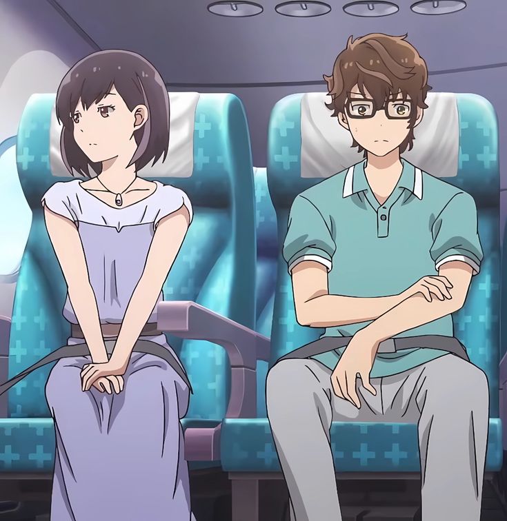 a young anime couple is sitting in the plane. the boy is wearing a green polo shirt and white pants. the girl is wearing a purple dress. they are both looking straight ahead and seem to be lost in thought. the boy's arms are crossed, and the girl's hands are clasped together in her lap. they are both wearing seatbelts, and the seats around them are a teal blue. the background shows the inside of an airplane, with windows and other seats.