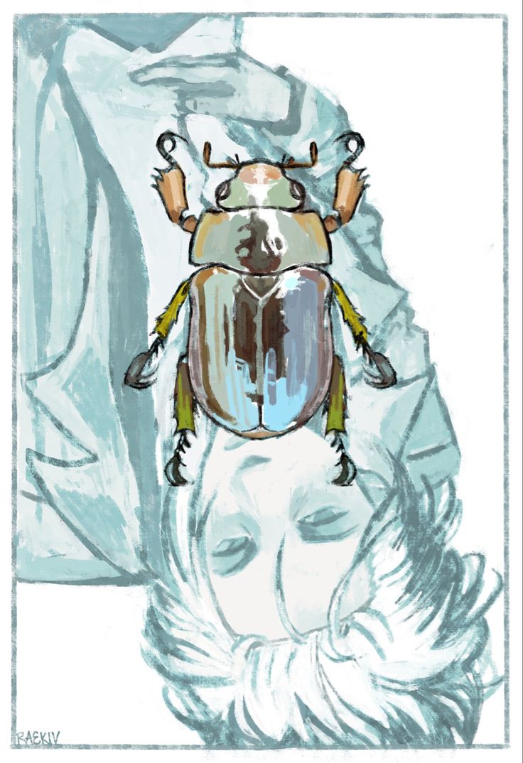 the image is a stylized digital painting or illustration.  the central focus is a large, iridescent beetle (resembling a scarab) positioned directly above the face of a woman who appears to be lying down or sleeping. the beetle has a predominantly brown body with hints of blue and green iridescence. the woman’s face is partially obscured and rendered in pale, muted tones, blending with her lightcolored hair that spreads around her face. the overall style is surreal and dreamlike, emphasizing soft textures and muted colors. the background suggests a draped cloth or fabric of a similar pale color, contributing to the sense of calmness and mystery in the artwork. the composition and style suggest a blend of realism and abstraction, with a focus on mood and artistic expression.