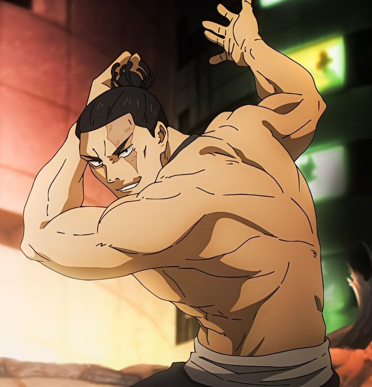 he image showcases a muscular anime man in a dynamic fighting stance. his bare, sculpted torso dominates the frame, highlighting his strength. he has a determined smirk on his face, suggesting readiness for battle. the low camera angle emphasizes his powerful presence, while the dark, urban background adds to the image's intensity.