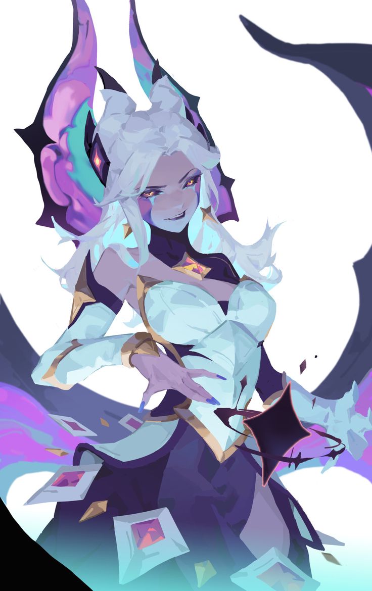 the image is a vibrant digital fanart depicting seraphine, a champion from the popular video game league of legends.  she's portrayed in a star guardianesque style, featuring long white hair, large iridescent horns, and a flowing, elegant outfit accented with purple, blue, and white.  the clothing incorporates sparkling crystallike details.  her expression is a confident smirk, suggesting power and a touch of mischief.  the background is mostly white, allowing the character and her bright colors to stand out.  dark, winglike structures frame her, adding to the mystical and slightly dark tone of the artwork. the overall style is animeinfluenced with a focus on stylized anatomy and color. the artist’s use of light and shadow enhances the depth and details of the character.