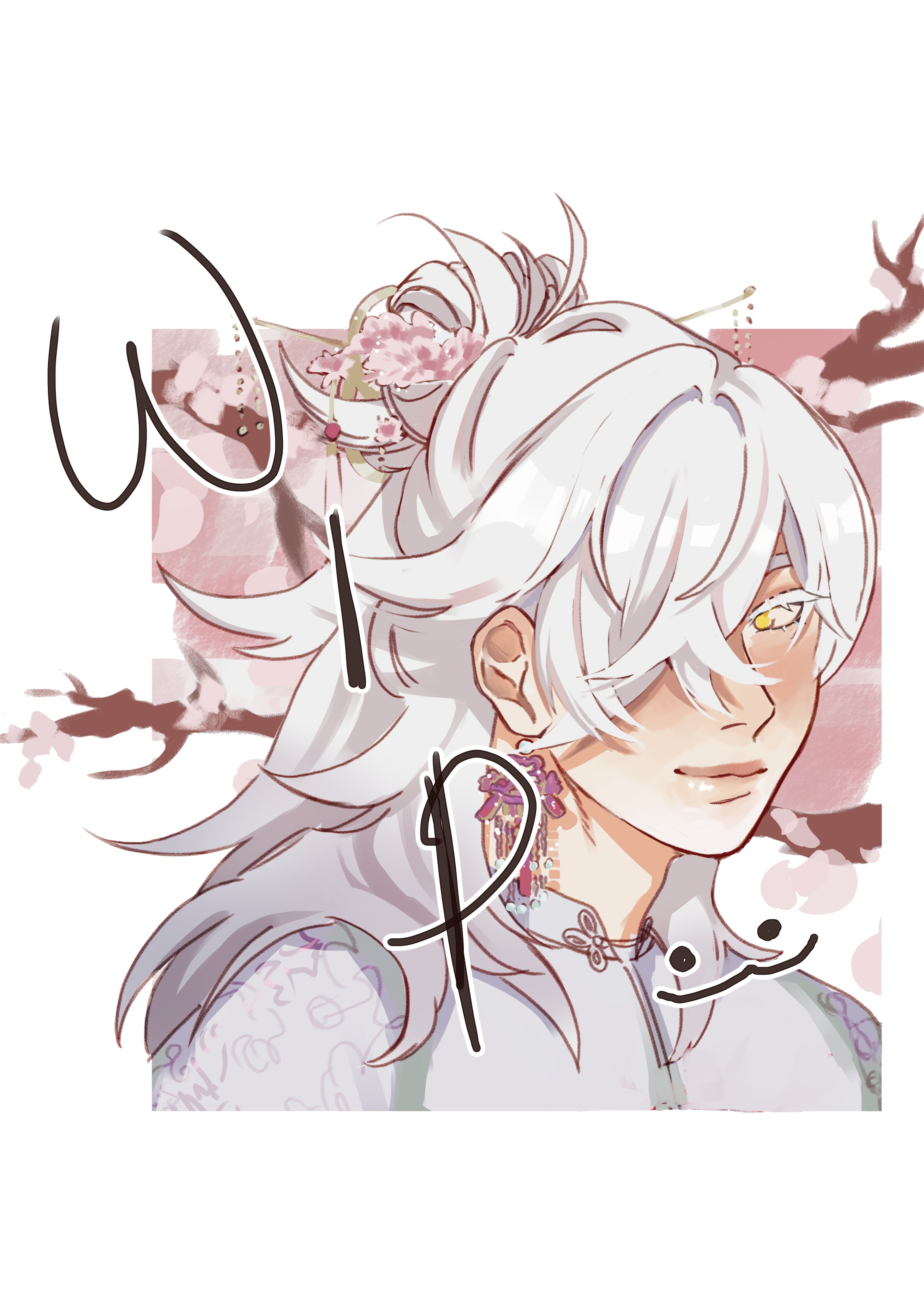 this is a digital illustration of a young anime boy with white hair, wearing a kimono and earrings. he has a cute smile and his hair is decorated with cherry blossoms. the background is a soft pink and the image is labeled "wip".