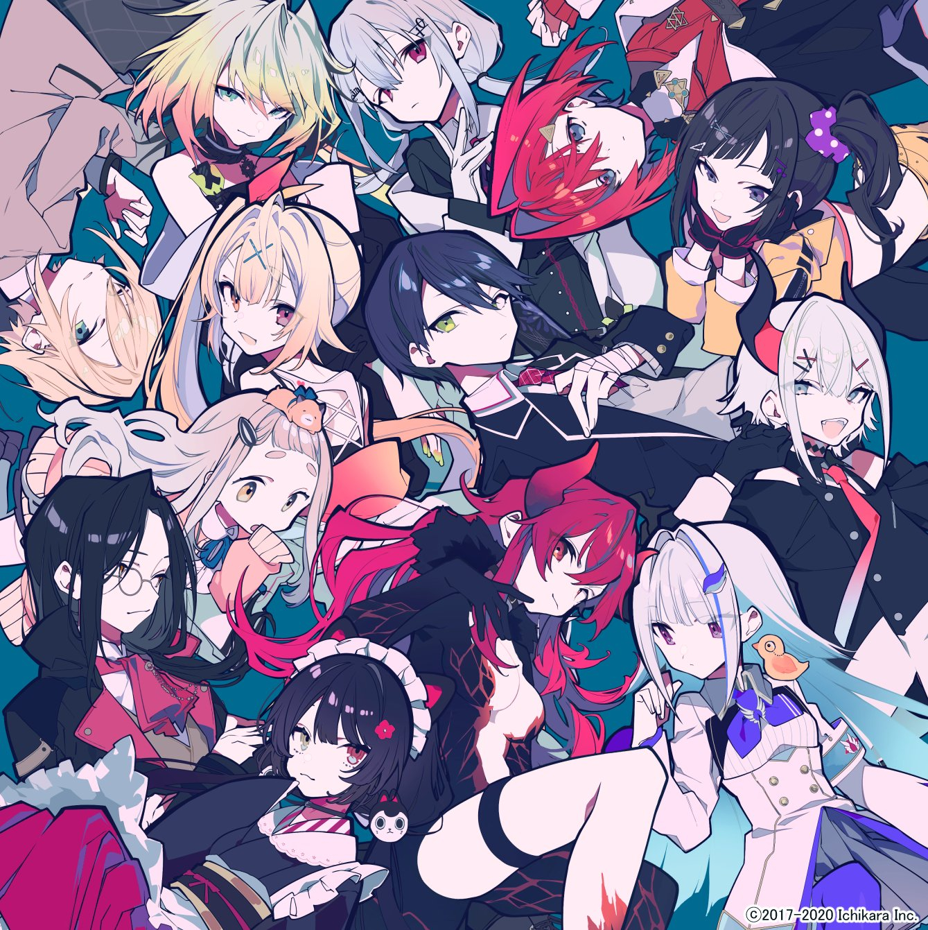 a group portrait of animestyle female characters, likely vtubers affiliated with ichikara inc.'s nijisanji project. the characters have a variety of hairstyles and colors, including red, black, white, blonde, and multicolored. they are wearing different outfits, such as maid outfits, school uniforms, and formal wear. they all have cute features and are smiling. the background is a teal color. the bottom right corner contains the copyright information "© 20172020 ichikara inc."