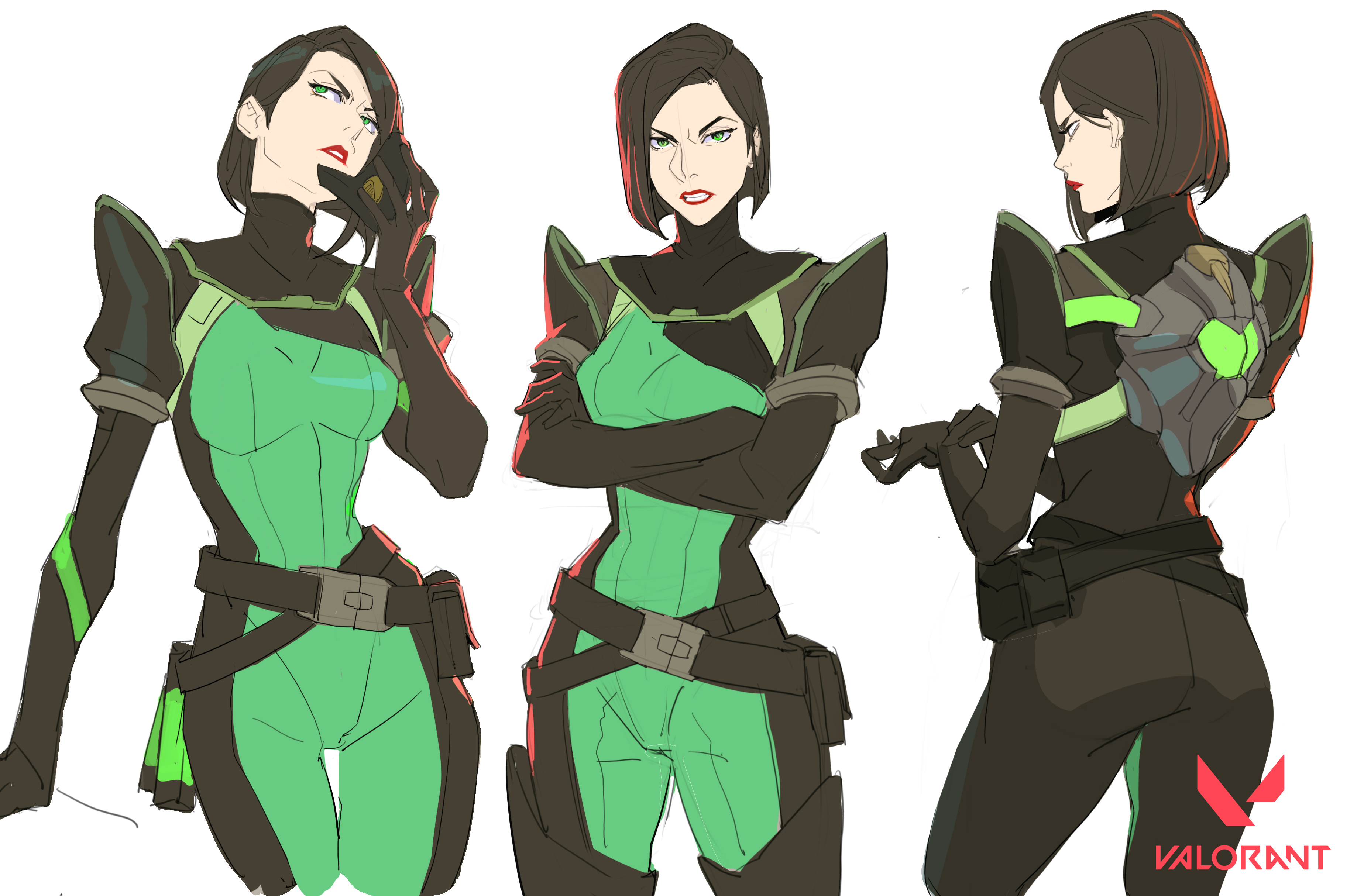 the image shows three different views of a female character concept art from the video game valorant, likely representing the agent viper.  the character is depicted in a sleek, futuristic suit with a predominantly green and black color scheme. the poses vary, showing a side profile, a threequarter view with her arms crossed, and a back view highlighting the character's equipment.  the art style is dynamic and suggestive of a motion graphic or animation style, with loose, expressive lines, and shading. the valorant logo is visible in the bottom right corner.