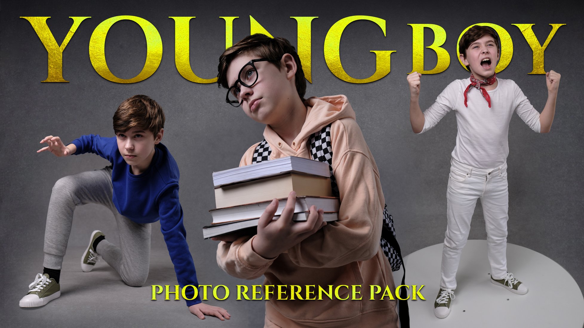 the image is a promotional poster for a "photo reference pack" featuring three different poses of a young boy.  the title "young boy" is prominently displayed in gold lettering at the top.the first boy is crouching on the ground, appearing in a playful or active pose, wearing a blue long sleeve shirt and grey sweatpants. the second boy, wearing glasses and a peachcolored hoodie and checkerboard backpack, is holding a stack of books. he has a contemplative expression. the third boy is standing with his fists raised, wearing a white shirt and white pants, showing an excited expression; he also wears a red bandana around his neck.all three boys are posed against a dark grey background. the overall style is clean and welllit, suitable for use as reference material for artists and illustrators. the "photo reference pack" text is at the bottom.