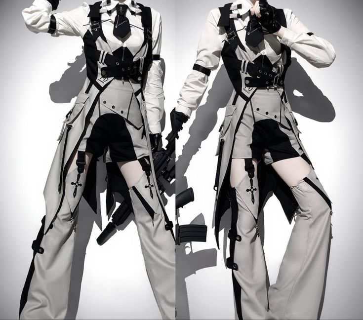 the image showcases a fullbody view of a model wearing a striking, intricately designed outfit. the ensemble combines elements of military, gothic, and futuristic styles. it primarily features shades of grey and black, with a white shirt as the base layer. the outfit consists of loosefitting, highwaisted pants with black panels and crossshaped details. the top features a black vest with various straps, buckles, and harnesses, layered over a crisp white shirt and a dark tie. the model's pose incorporates a tactical rifle, adding to the overall aesthetic. the setting appears to be a professional studio against a plain backdrop, which highlights the outfit's details and textures.  the overall style is edgy and fashionforward.  two images of the same outfit are shown, one from the front and one from the side slightly offset to show both the front and the back of the design.