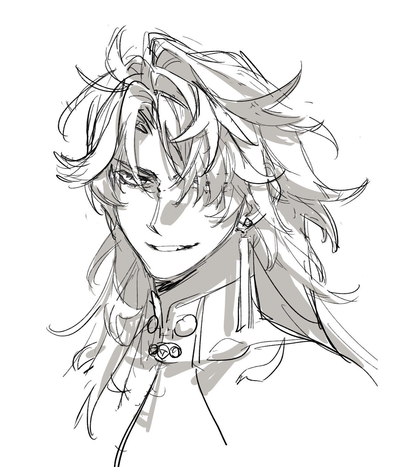 a sketch of an anime male character with long hair and a sly smile. the character is drawn in black and white with fine lines and has an earring in his right ear.  the character is wearing a collared top. the image is simple and elegant, and the character's expression is captivating.