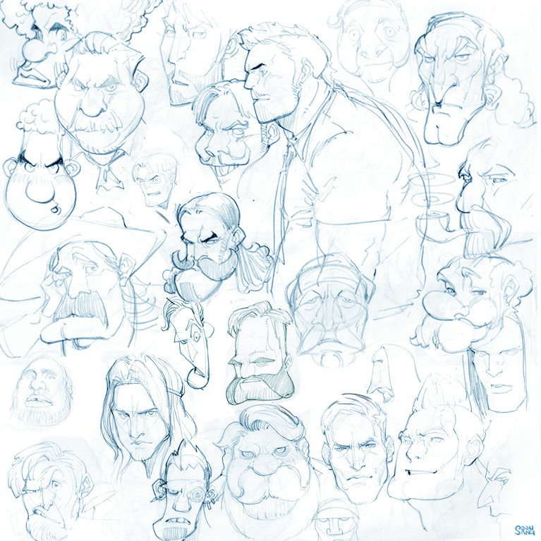 a digital sketch with many different character faces all drawn in profile view. most of the characters are male, with exaggerated features. the art style is cartoon.
