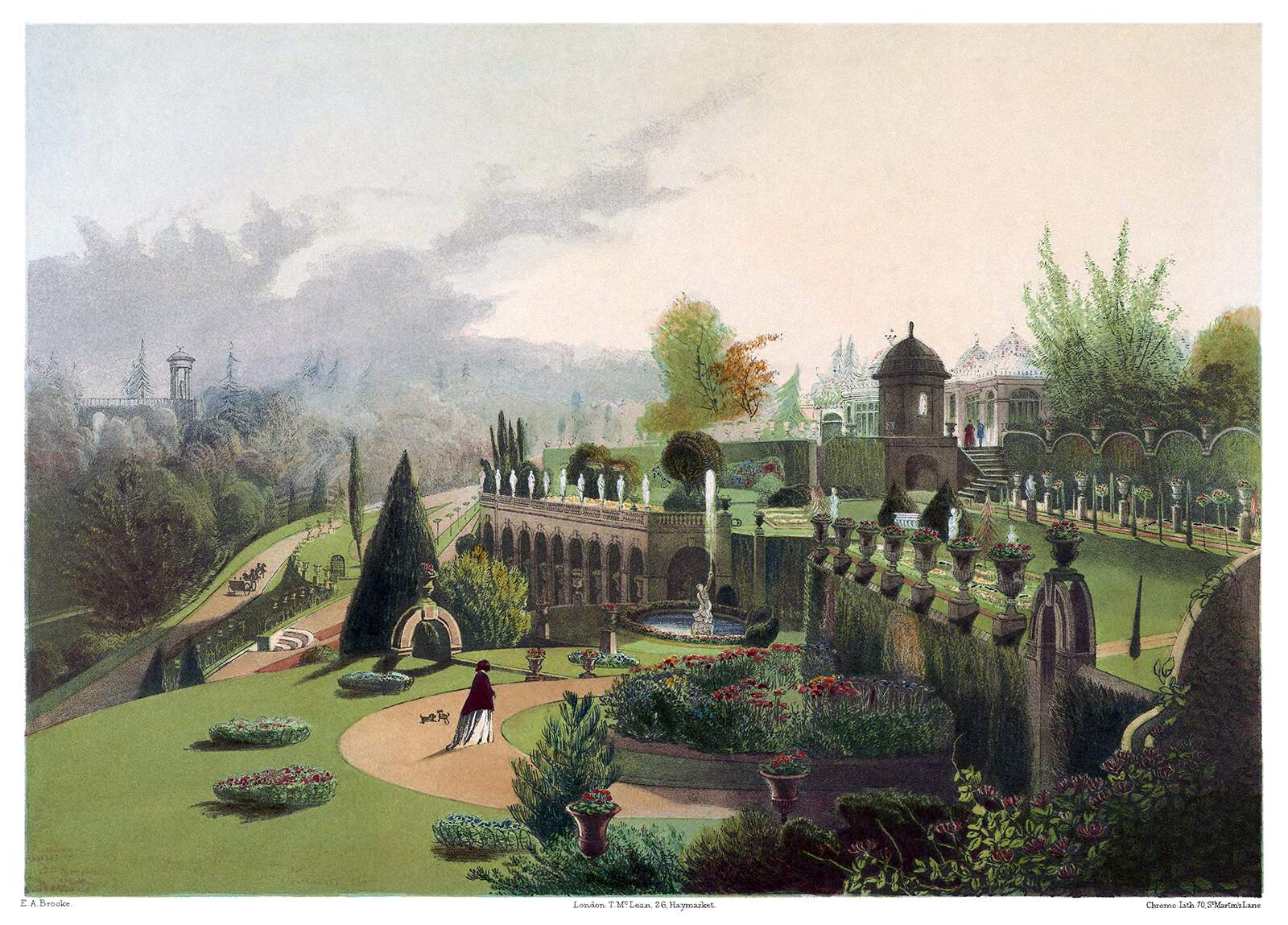 an illustration of a formal garden with various architectural features, lush greenery, and people enjoying the space. the garden includes fountains, statues, flower beds, and a greenhouse in the background. a woman with a dog is walking along a path, and a carriage is visible in the distance.