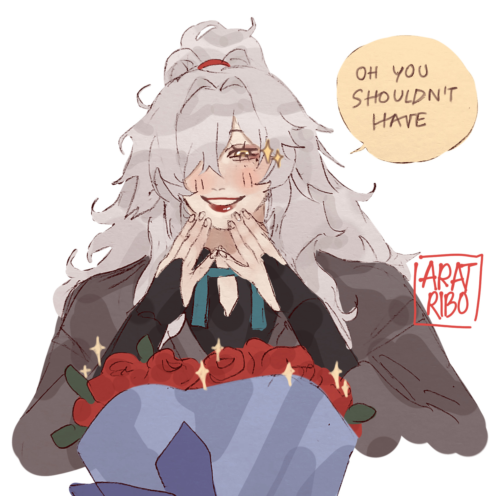 the illustration is a digital drawing of an anime character with long white hair and red eyes. the character is blushing and smiling happily while holding a bouquet of red roses. the character is dressed in a black shirt with a blue ribbon around the collar, and a brown jacket. the character is looking at the viewer. there is a speech bubble above the character's head that says "oh you shouldn't have."