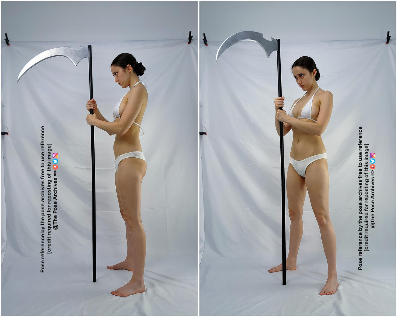 a woman in a white bikini is holding a scythe and posing in front of a white background. she is shown in two different poses, one from the side and one from the front. the image is a pose reference and is free to use with credit.