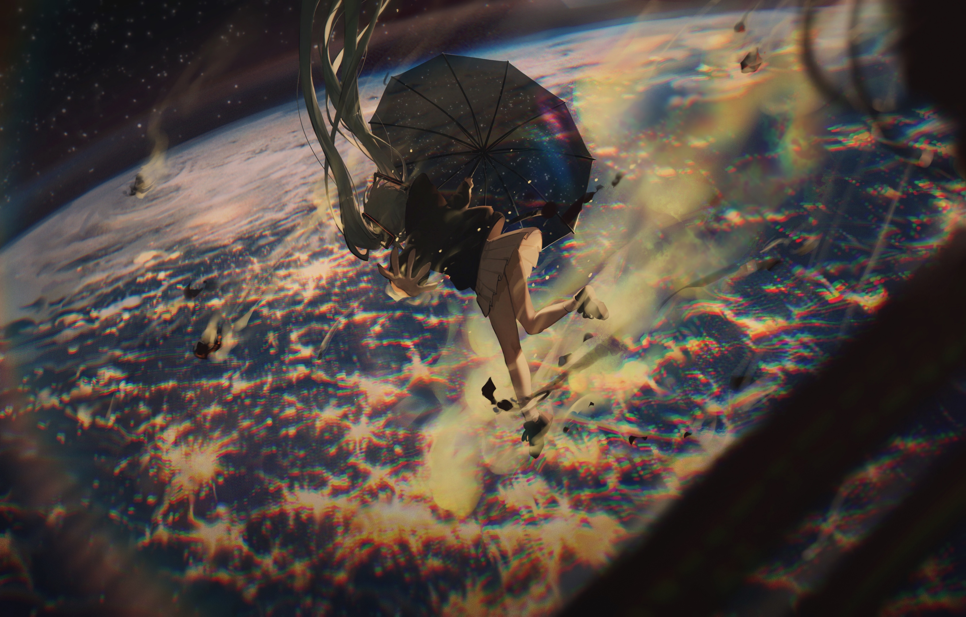 the image depicts an animestyle girl with long green hair falling through space towards earth. she's holding a black umbrella, and the scene is filled with debris and stars. the earth below is rendered with a vibrant, almost glitching effect. the overall mood is dramatic and surreal, suggesting a story of cosmic scale. the style is highly detailed digital painting with a focus on atmospheric effects and motion.