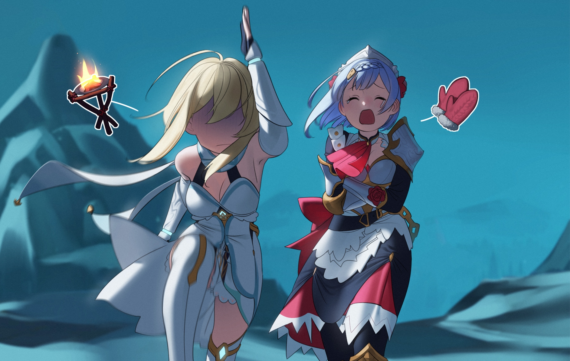 lumine and eula from genshin impact are running through a snowy mountain landscape. lumine, with her blonde hair and white dress, appears oblivious to the cold, while eula, with her blue hair and red and white outfit, shivers and holds a mitten to her face. a warm light source, possibly a warming bottle gadget from the game, floats behind lumine. the blue sky and bright lighting suggest a sunny, yet chilly day.