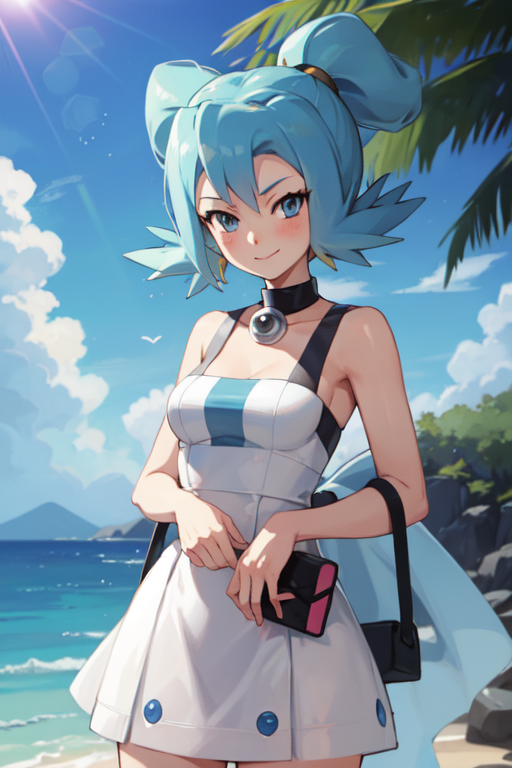 the image is a digital drawing of an animestyle girl with bright blue hair styled in a high ponytail. she's wearing a white summer dress with light blue stripes and dark blue accents.  she has a cheerful expression and is holding a small black and pink handbag. the background depicts a sunny beach with a clear blue ocean and palm trees, enhancing the summery atmosphere. the art style is smooth and polished, with soft shading and vibrant colors. the overall impression is one of happiness and carefree summer fun.  the girl's appearance strongly suggests she is fanart inspired by the character serena from the pokémon anime.