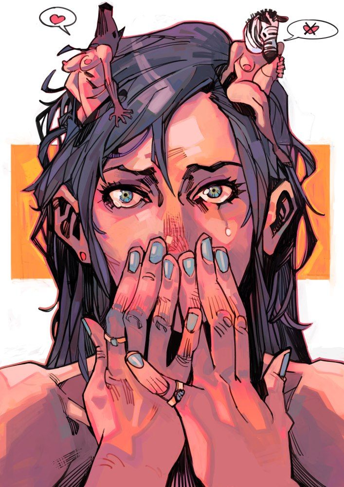 a stylized cartoon drawing of a woman with blue hair covering her mouth with her hands. she appears to be crying. on top of her head sit two small anthropomorphic figures: one resembling a dog expressing love and the other resembling a zebra expressing disapproval. the background is orange.