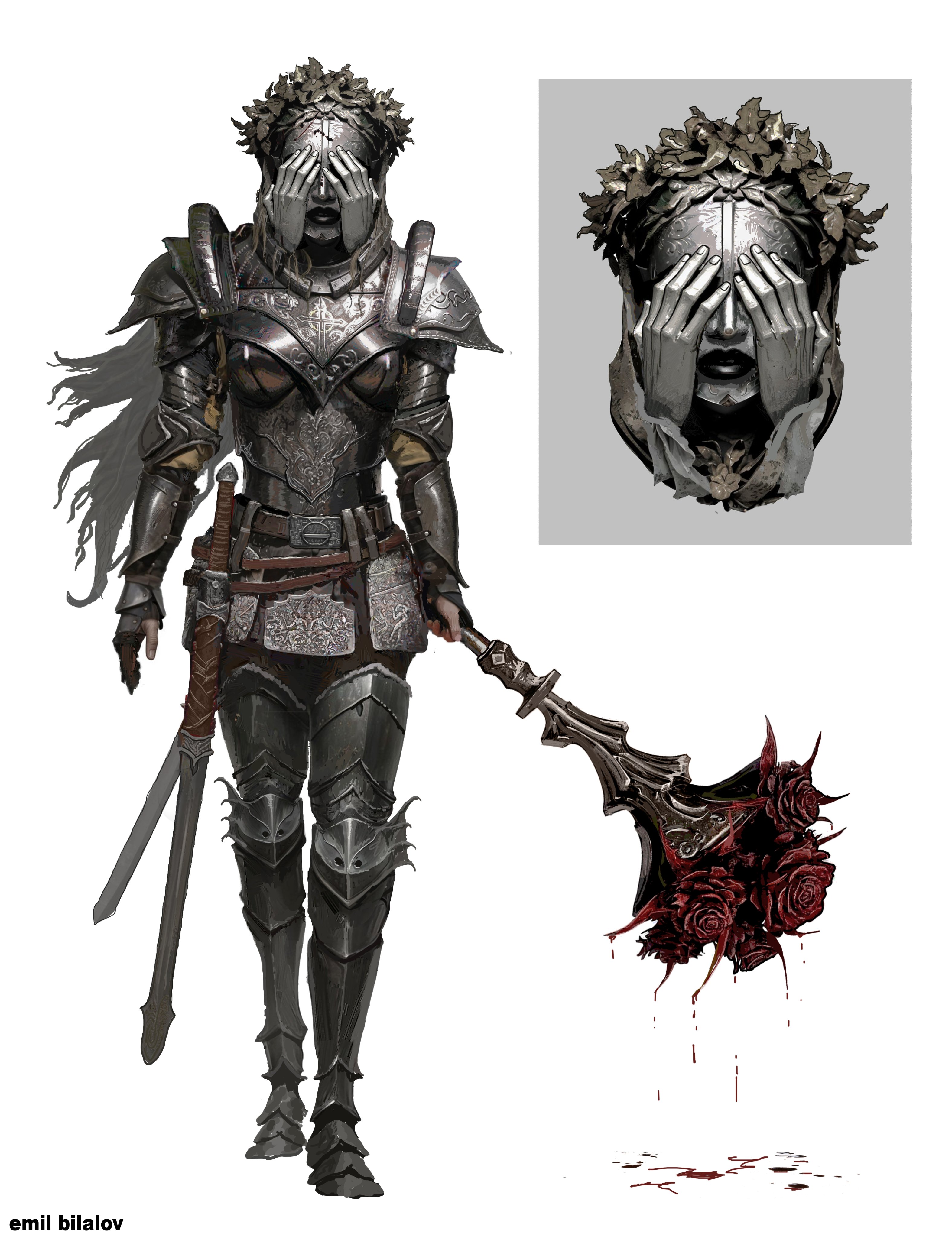 an armored female warrior stands with a blindfolded helmet and a mace adorned with red roses that appear to be dripping blood. a sword hangs at her hip. the art style is detailed and evokes a dark fantasy theme, and it is signed by emil bilalov at the bottom left.