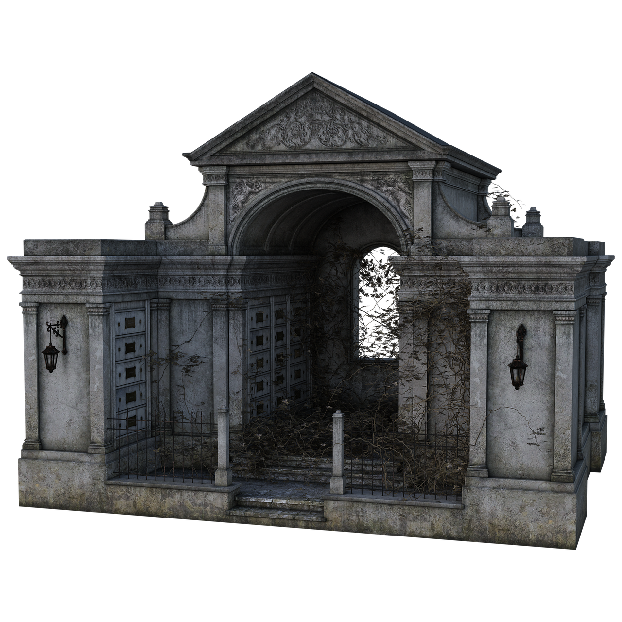 an image of an old, weathered mausoleum. the stone structure has gothic architecture and is covered in ivy. there is a metal gate in front of the stairs. on the sides of the structure are stone pillars with oldfashioned lamps.