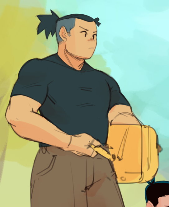 a man in a black shirt and brown pants is standing outdoors. he is holding a large yellow bag. he is looking to the right and the viewer can see his side profile. his hair is blue and he has a ponytail. he is casually dressed. the illustration is drawn in a cartoon style with digital art.