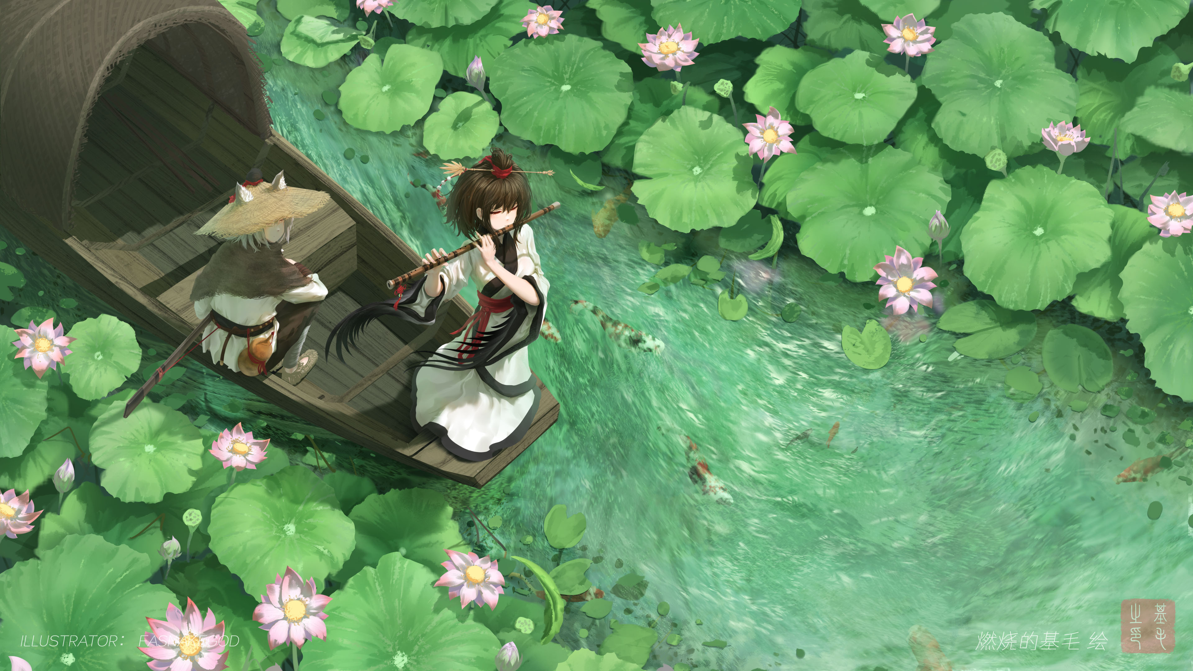 the illustration depicts a serene scene of a young woman in traditional chinese clothing (hanfu) playing a flute on a small wooden boat. she has dark brown hair styled in a bun and wears an elegant, flowing white and black dress.  beside her, a smaller figure in a straw hat and hooded cloak sits in the boat, seemingly holding a staff or pole.  the boat floats on a calm, green river, surrounded by lush, green lotus leaves and pink lotus flowers. the water appears tranquil, with a few fish visible beneath the surface.  the overall atmosphere is peaceful and magical, suggesting a fantasy setting.  the style is reminiscent of anime or digital painting, with soft, detailed rendering. the artist's signature, "fasgood", is visible in the bottom left corner, along with some text in chinese which seems to be the title of the piece.