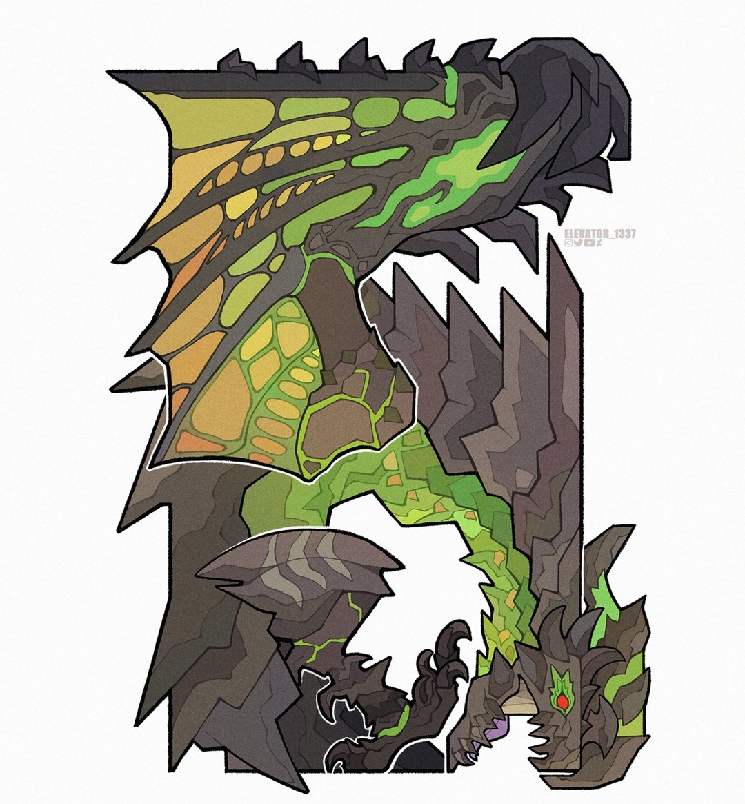 the image is a stylized digital illustration of a dragonlike creature. the art style is reminiscent of lowpoly or faceted graphics, utilizing geometric shapes to create a textured and somewhat abstract appearance. the creature is predominantly green and brown, with sharp features like claws and teeth. its wings are intricately patterned, and its body seems composed of various rocky or scaled segments. the dragon is depicted in a dynamic pose, seemingly coiled or perched, with its head and body creating a sense of movement.  the color palette is muted, but the design is striking in its complexity and textural detail. the style is highly suggestive of monster hunter game style.