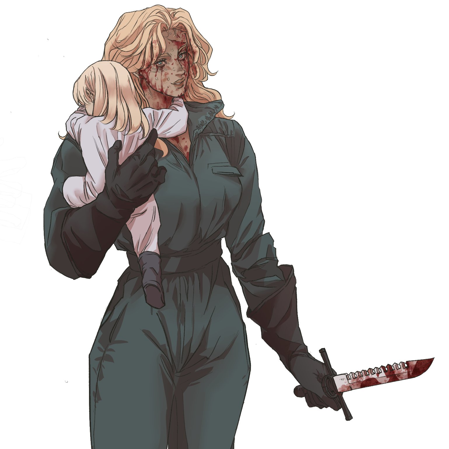 a drawing of a blonde woman in a jumpsuit covered in blood carrying a blonde doll in her arms. she is holding a bloody knife in her gloved hand.