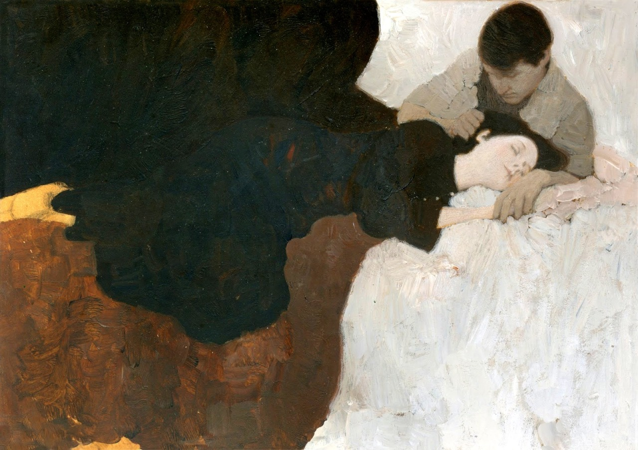 the painting shows a man and a woman lying on a bed. the woman appears lifeless, lying still with her eyes closed, while the man leans over her, his expression unreadable but suggestive of grief. the lighting is dim and soft, creating a somber and intimate atmosphere. the palette is muted, dominated by browns, blacks, and whites. the overall mood of the painting is one of sadness and loss.