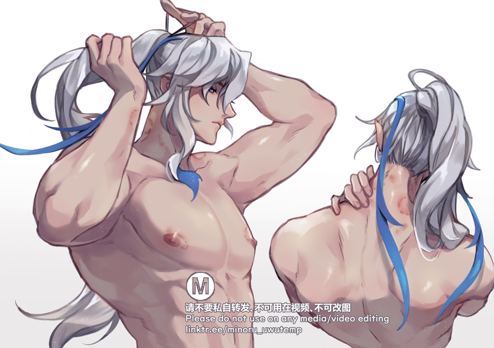 this is a digital illustration of two shirtless anime men with white hair. one is looking at the viewer, and the other is holding his hair up with a blue ribbon and looking away. they have bare chests, and both have blue ribbons on their necks. the art is drawn in a soft, colorful style with detailed backgrounds. the image is set against a white background.