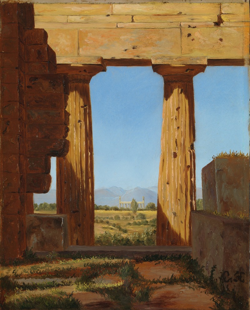the painting depicts a ruin of a temple with large columns under a bright blue sky, surrounded by a landscape. the foreground contains overgrown grass and stone remnants of the temple. in the background, there is a field with a distant building and mountains. the painting is signed in the bottom right corner.