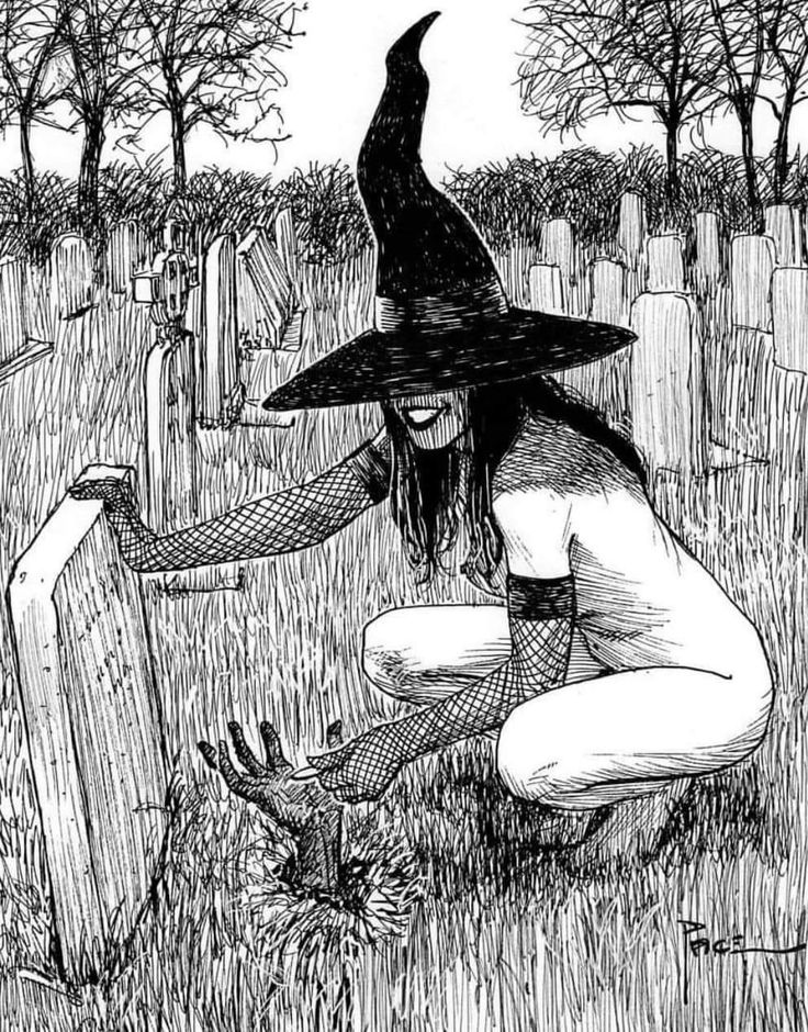 a detailed black and white ink drawing depicts a witch in a widebrimmed hat kneeling in a graveyard. she appears to be digging or interacting with a grave. the scene is set amongst numerous tombstones under a partially visible sky, and the overall mood is dark, gothic, and mysterious. the style is reminiscent of horror or dark fantasy illustration.  the artist's signature is visible in the lower right corner.