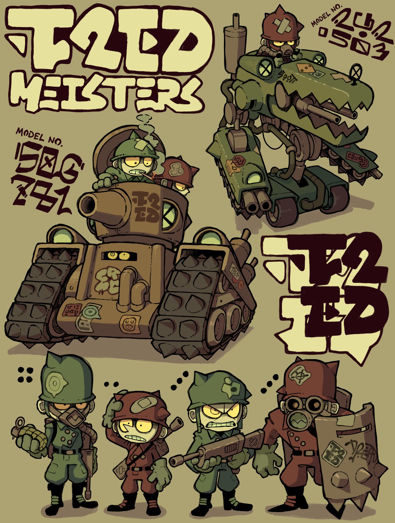 this is stylized concept art featuring a cartoonlike military unit called "tad meisters." the image showcases tanks, soldiers, and a large mechanical walker, all rendered in a limited color palette with a vintage, slightly distressed aesthetic. the characters and vehicles have exaggerated proportions for a humorous and appealing look.