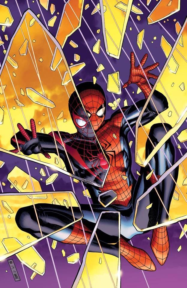 the image shows a dynamic pose of spiderman in his red and blue suit. he is falling through a window, with broken shards of glass flying around him. he is in a midair action pose, as if he is swinging from a web. the background is a purple sky with white lines representing his web.  the image is taken from a comic book and is a classic example of superhero art.