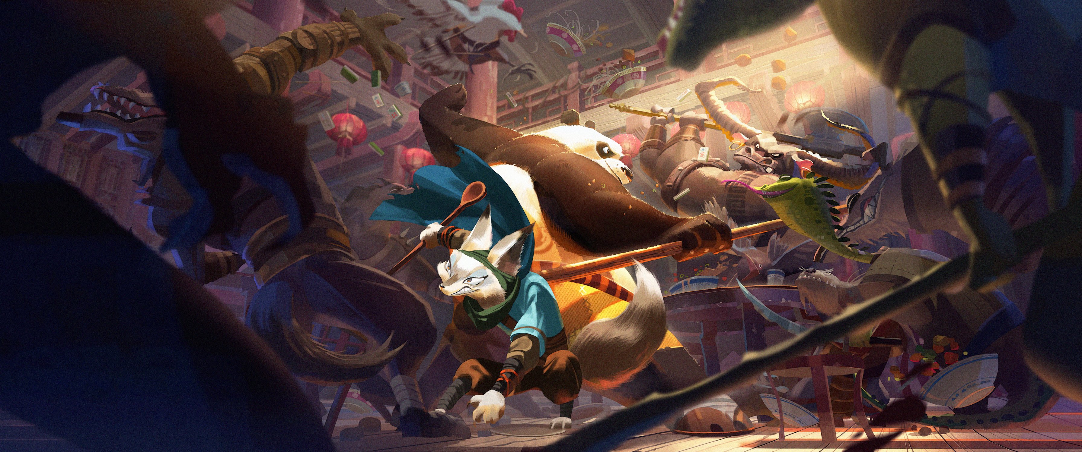 a chaotic battle scene unfolds within a destroyed restaurant, likely of asian architectural style. the warm, dramatic lighting highlights the action as a panda and raccoon, both clad in warrior garb, fight back to back against a horde of enemies. the low angle perspective emphasizes the dynamism and intensity of the fight. the enemies, a mix of anthropomorphic creatures, appear monstrous and are partially obscured, adding to the chaos and suspense of the scene.