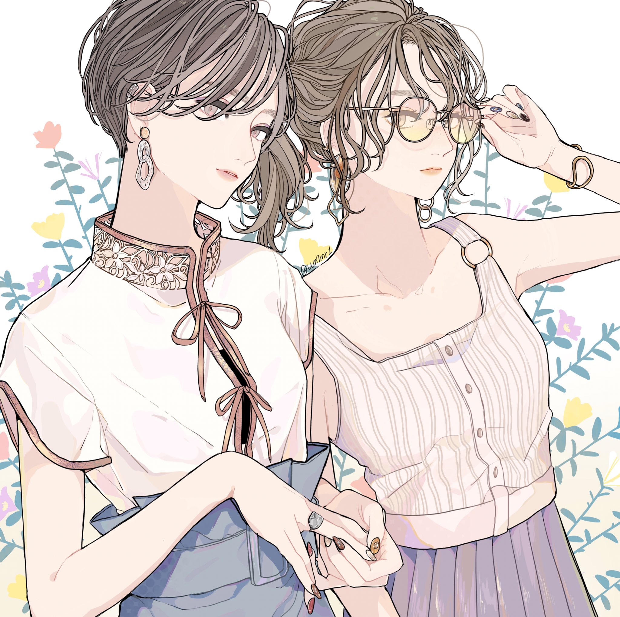 the image shows two anime girls standing side by side against a background of colorful flowers. the girl on the left has short, layered brown hair, earrings, and is wearing a white top with an asianinspired collar and a blue skirt. the girl on the right has curly brown hair styled in pigtails, wears glasses, earrings, and a light purple summer dress with buttons. they are holding hands and striking a pose.
