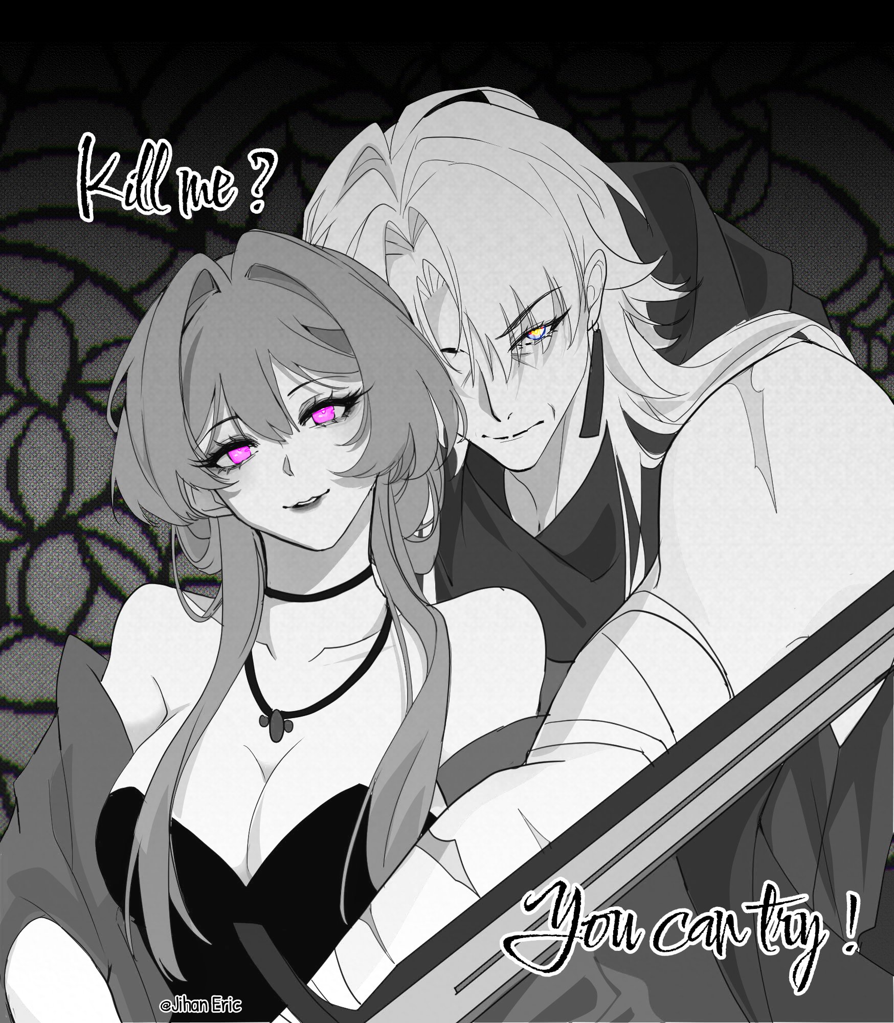 the image features an anime couple in a dark and mysterious scene. the