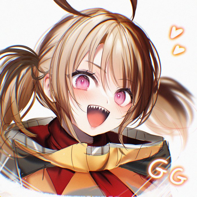 a smiling anime girl with short brown hair in twintails and pointy ears. she has purple eyes, rosy cheeks and sharp teeth. she wears a yellow and red outfit.  the letters "gg" are written to the right of her head, and two pink hearts are to the right of her face.