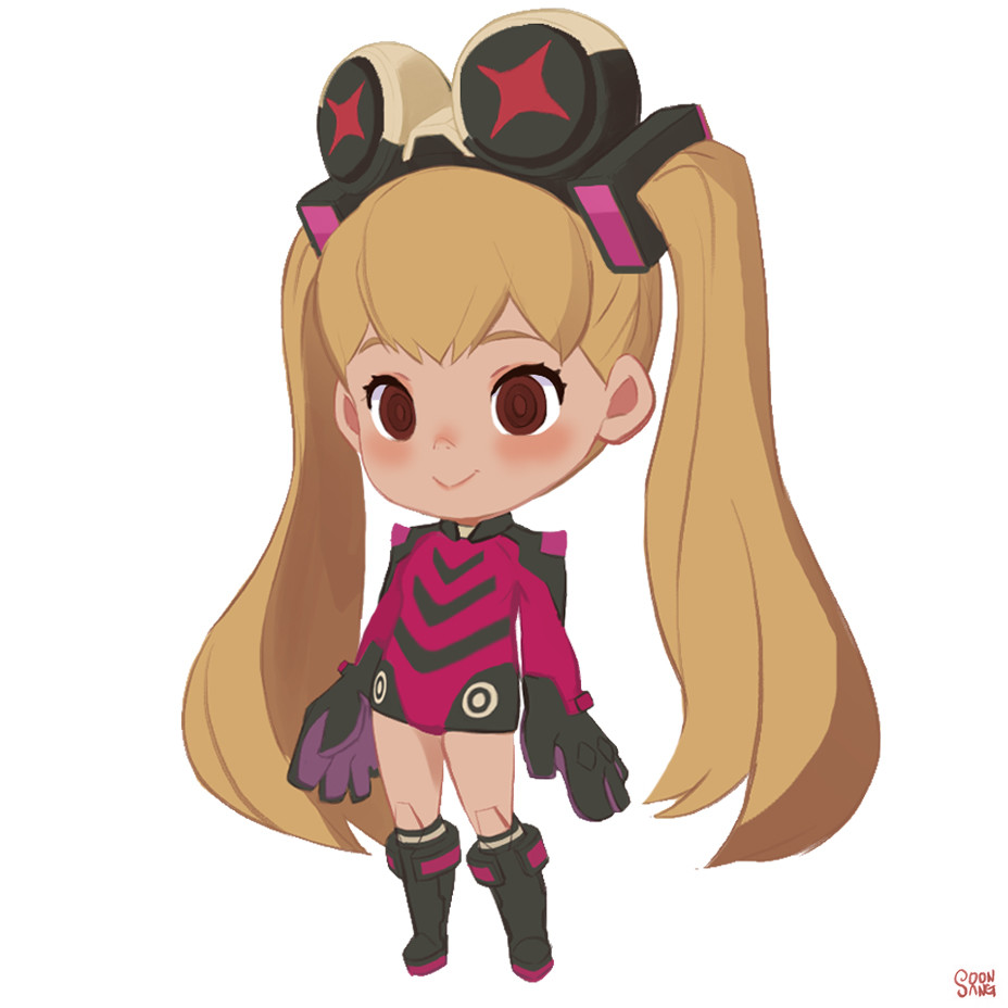 a digital illustration of a young, stylized anime girl wearing a futuristic, pink and black outfit. she has large brown eyes, rosy cheeks, and long blonde hair styled in pigtails with large black and pink goggles on her head. the character is standing with her arms at her sides, wearing a slight smile. the background is plain white.