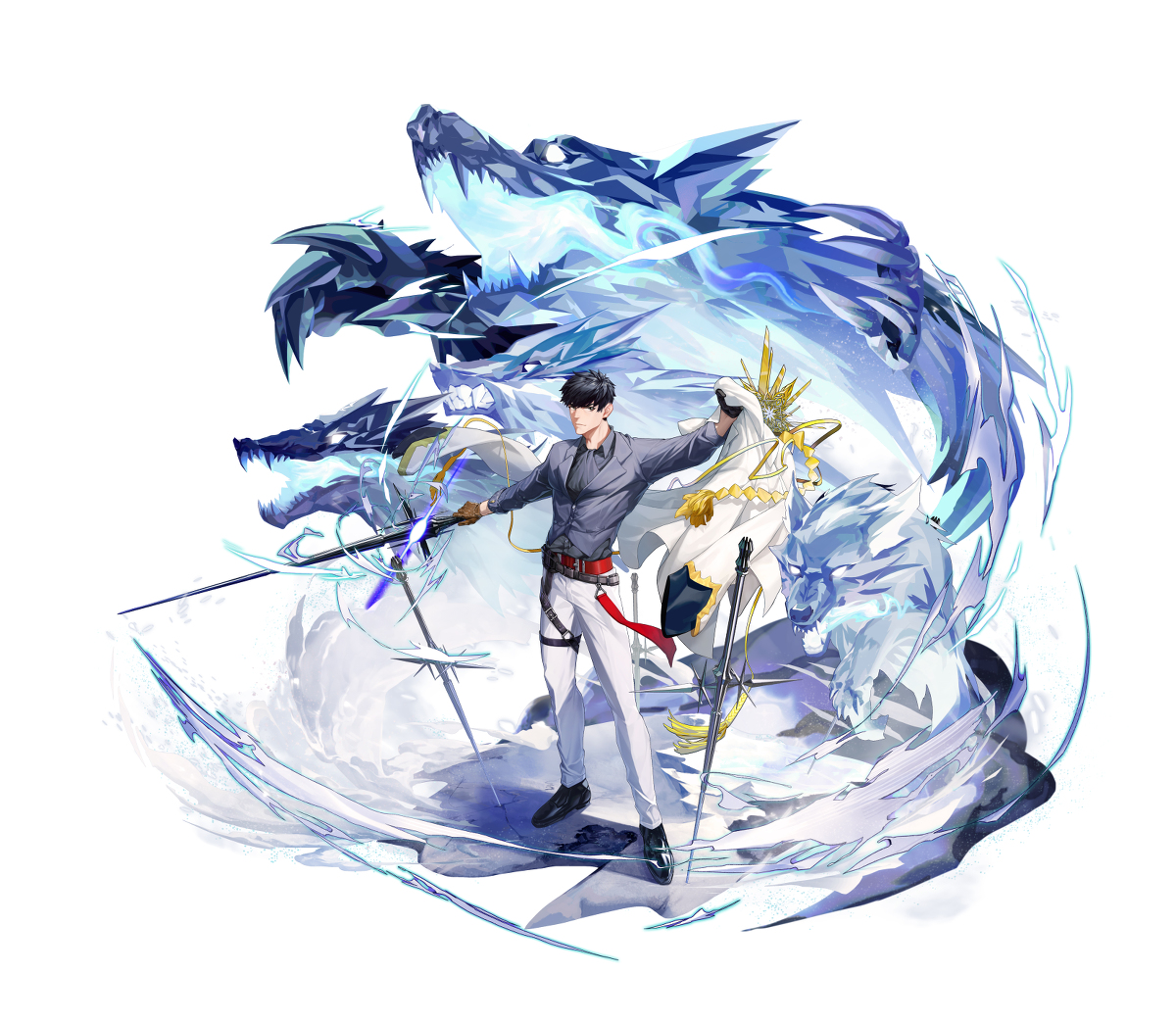 a man in a black shirt, white pants and a red belt, standing in front of a blue wolflike monster, he is holding a sword and looking at the viewer. the background is a white and blue swirl of fantasy art.  the man has short black hair and a determined expression.