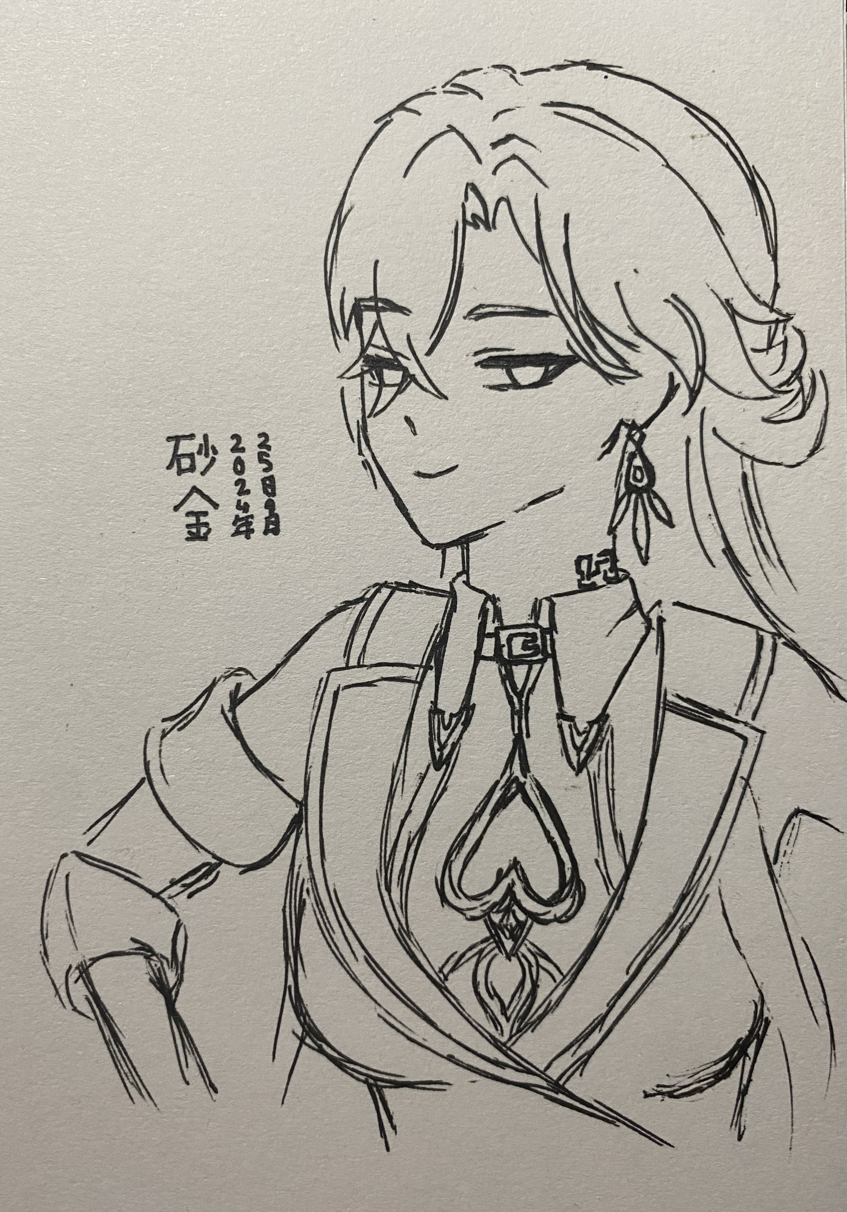 detailed ink sketch of an animestyle female character, possibly fanart of yae miko from genshin impact. the character has long blonde hair styled in a sophisticated manner, wearing a collared jacket and intricate accessories like a pendant and earrings. the drawing showcases the character's facial features and clothing in great detail, with shading and linework that suggest depth and texture. the style is reminiscent of manga and anime art, with a focus on character design and expression. there's a signature or watermark in asian characters in the upper left corner. the overall tone of the artwork is elegant and somewhat mysterious.