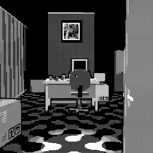 black and white pixel art image of an office space with a person sitting at a desk in front of a computer. there is a patterned rug on the floor and a door leading to a hallway. a box is in the corner of the room and a picture frame is on the wall. curtains are visible on the left side of the image.