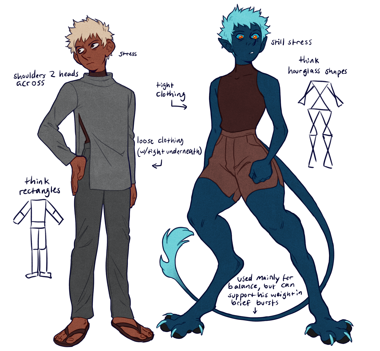 he drawing shows two different character designs with notes on their clothing preferences and body language. the first character is a young man with brown skin and blonde hair, wearing a grey turtleneck and brown pants. the notes indicate that he prefers "tight clothing" with "loose clothing (w/ tight underneath)" and that his shoulders are "2 heads across." he is thinking about rectangles, as indicated by a sketch of a rectangle figure next to him. the second character is a blueskinned humanoid with a tail and pointed ears. he is wearing a black turtleneck, brown shorts, and has a more muscular build. the notes indicate that he prefers to "think hourglass shapes" and that his tail is "used mainly for balance, but can support his weight in brief bursts." both characters are positioned facing forward, providing a clear view of their clothing and physique.