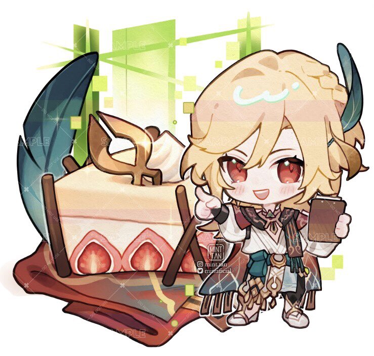 this image is a fan art of al haitham from genshin impact. he is depicted as a cute chibi character,  with a big smile on his face. he is holding a cup of drink in one hand and pointing with the other. he's standing next to a large strawberry cake with a feather and a golden sword decoration. he is wearing his signature outfit. the background has a green pixelated pattern.